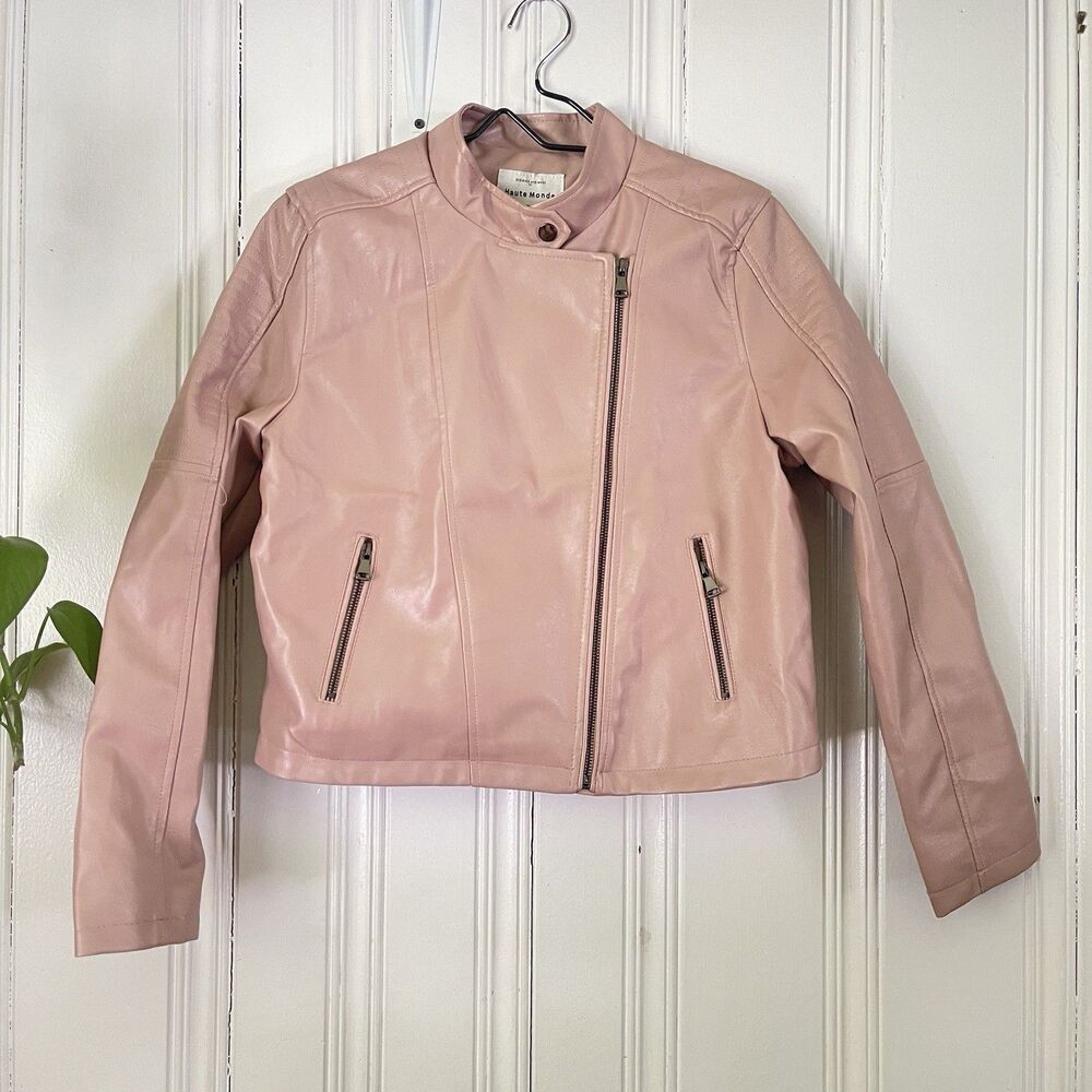 Haute Monde Women Blush Pink Faux Leather Full Zip Moto Jacket Size L